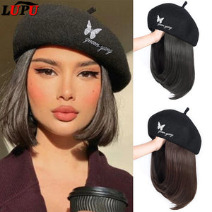 LUPU Synthetic Bob Wigs Black Hat With Hair Wig Cap Beret Hat Wigs For Women Daily Party Naturally Connect Heat Resistant Hair