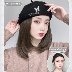 LUPU Synthetic Bob Wigs Black Hat With Hair Wig Cap Beret Hat Wigs For Women Daily Party Naturally Connect Heat Resistant Hair